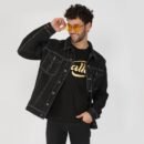 Men's Black Contrast Stitch Denim Cotton Biker Jacket For Men